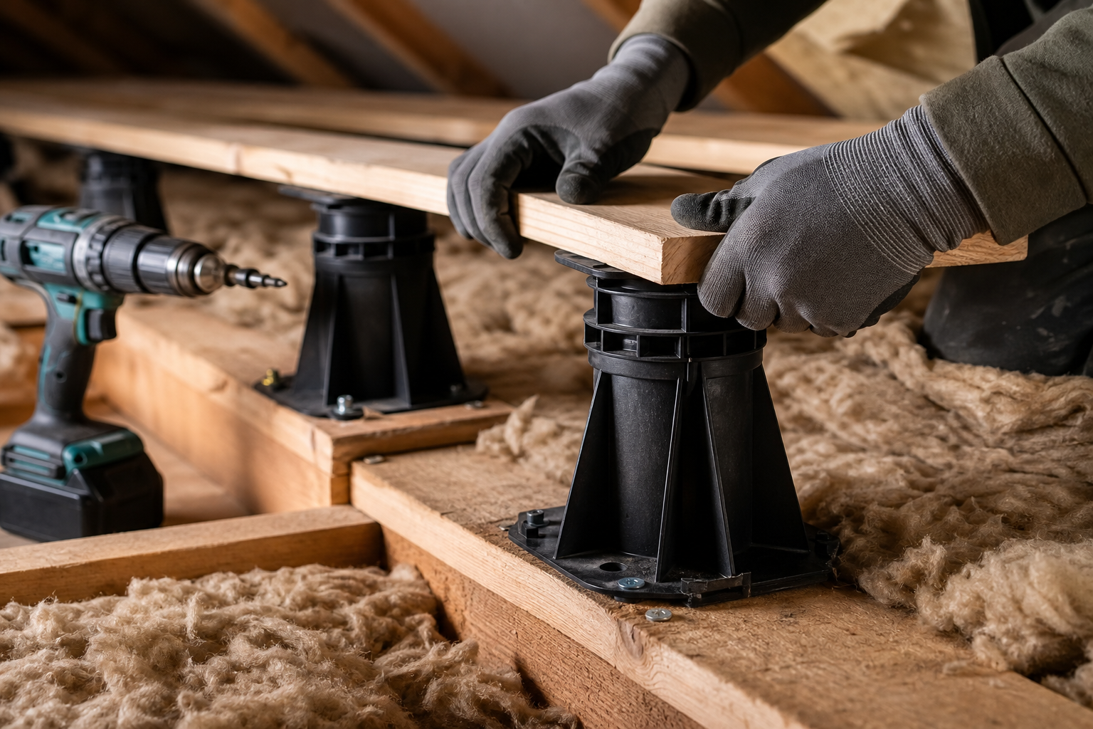 Installing LoftRise loft stilts onto timber joists above mineral wool insulation