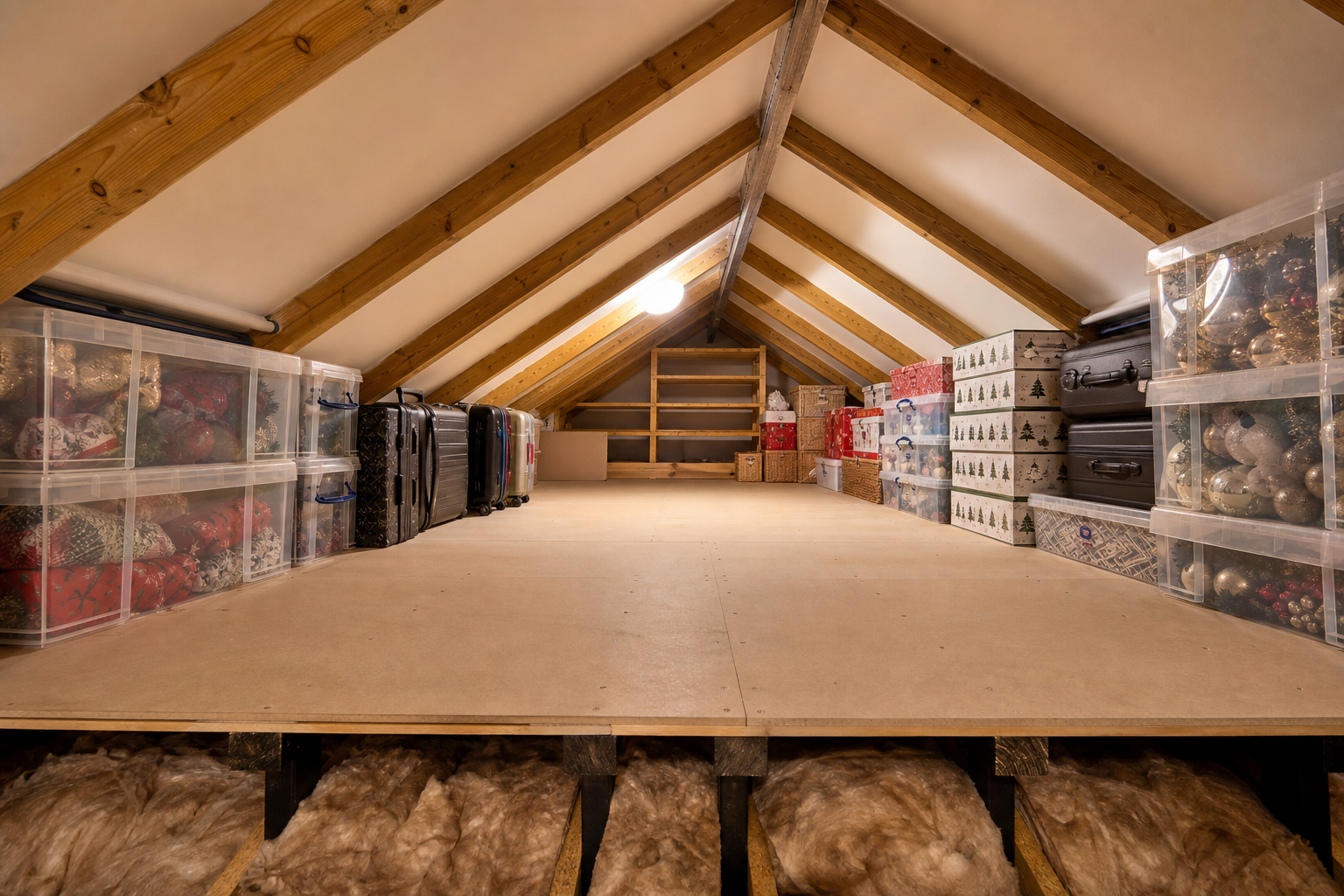 Finished raised loft storage floor with organised storage boxes on LoftRise stilts